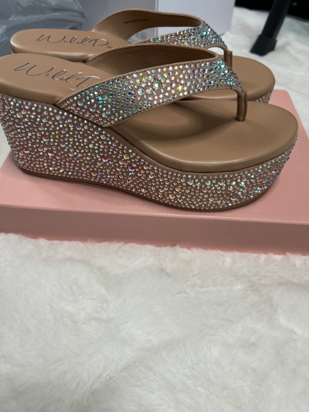 Wild Pair Tan Wedge Sandals with Iridescent Rhinestones